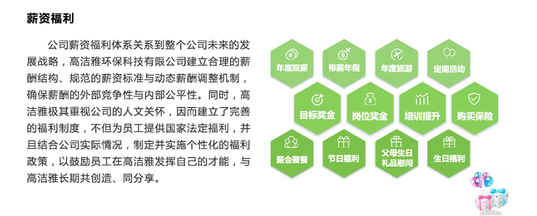 薪資福利-高潔雅人才理念以人為本，持之以恒，通過(guò)培訓(xùn)人才加大高潔雅作為除甲醛公司的室內(nèi)空氣凈化業(yè)務(wù)。